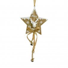 Χριστουγεννιάτικο Κρεμαστό Ξύλινο Αστέρι, με Κεραμικό Τάρανδο και Κουδουνάκια (40cm)